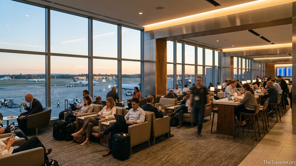 Travelers relaxing and working in a modern airport lounge at sunset overlooking the runway.