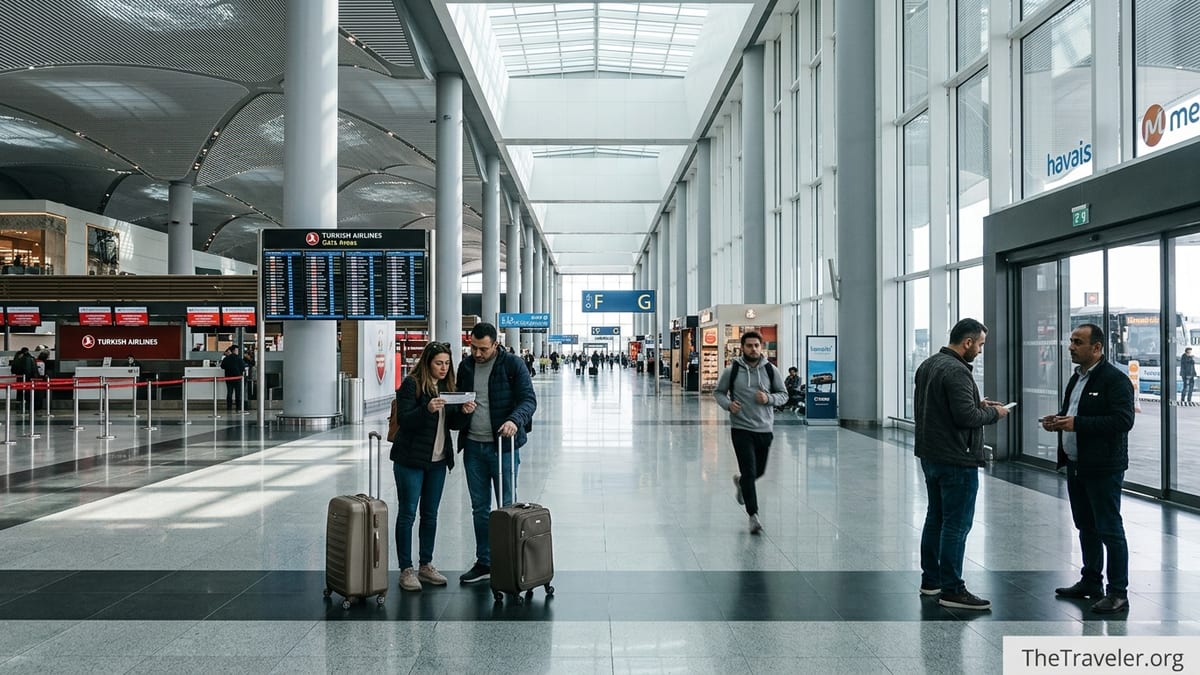 Travelers rushing and looking confused in the vast terminal of Istanbul Airport.