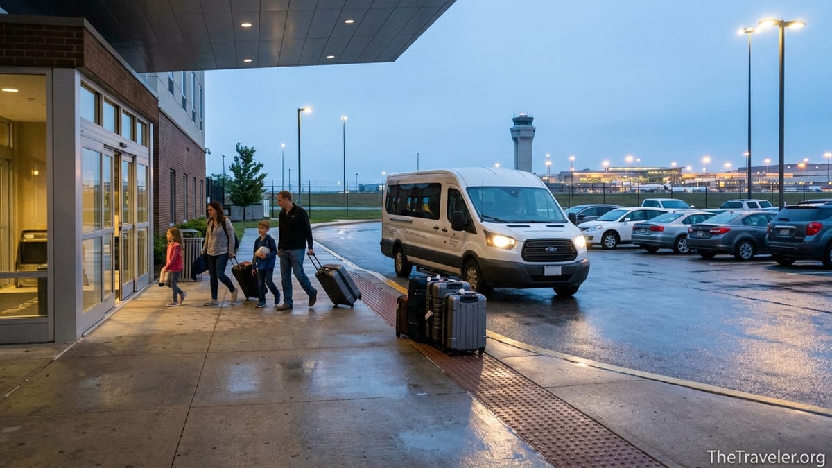 Family walking toward an airport hotel shuttle at dawn in a small parking lot.
