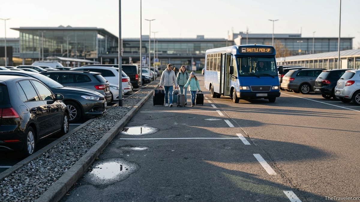 Travellers walking to a shuttle bus in an off-airport parking lot near a modern terminal at sunrise.