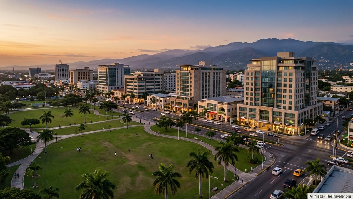 Aerial view of New Kingston hotels beside Emancipation Park with Blue Mountains beyond.