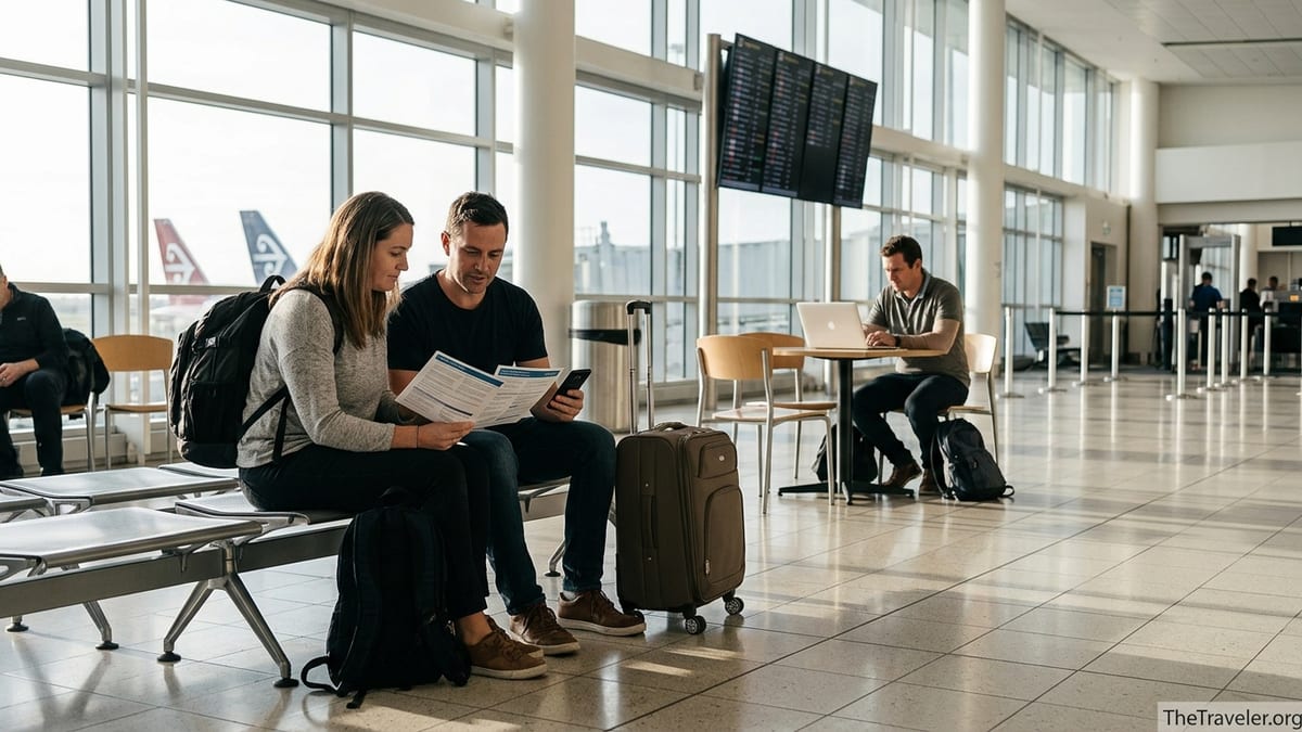 Travelers in an airport terminal reviewing travel insurance documents before an international flight.