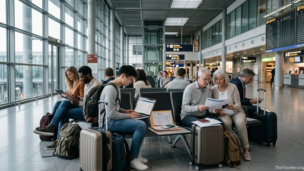 Travelers in a European airport comparing travel insurance documents before an international flight.