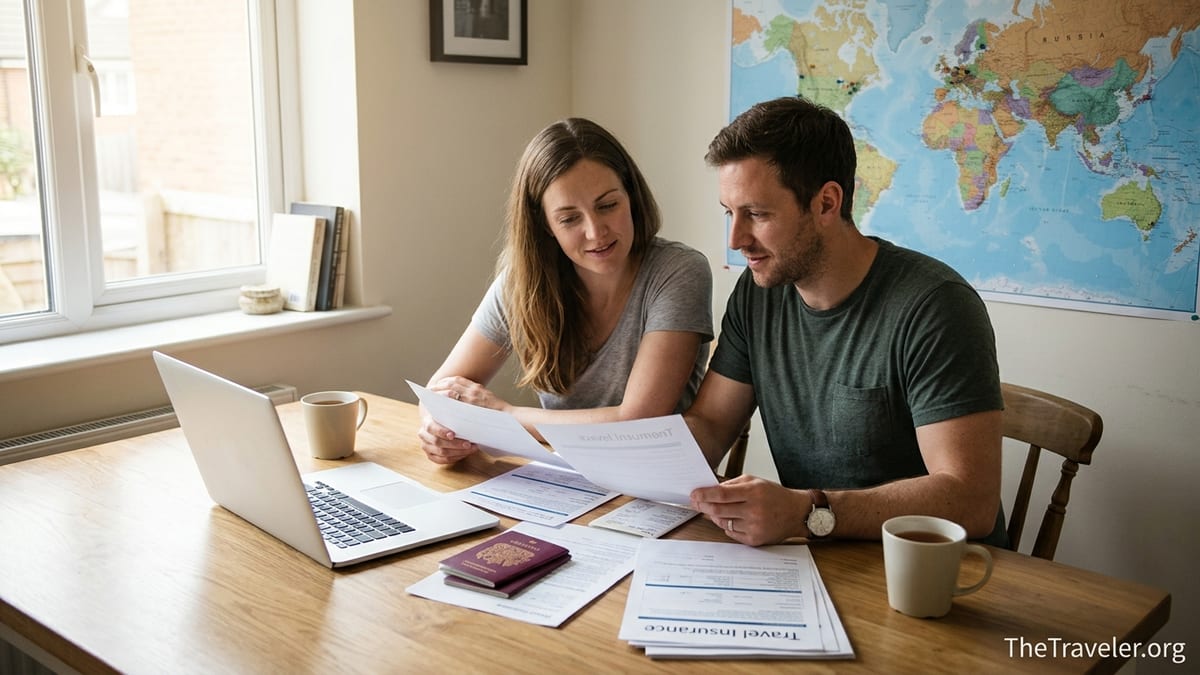 UK travellers comparing travel insurance policies at a kitchen table with laptop and passports.