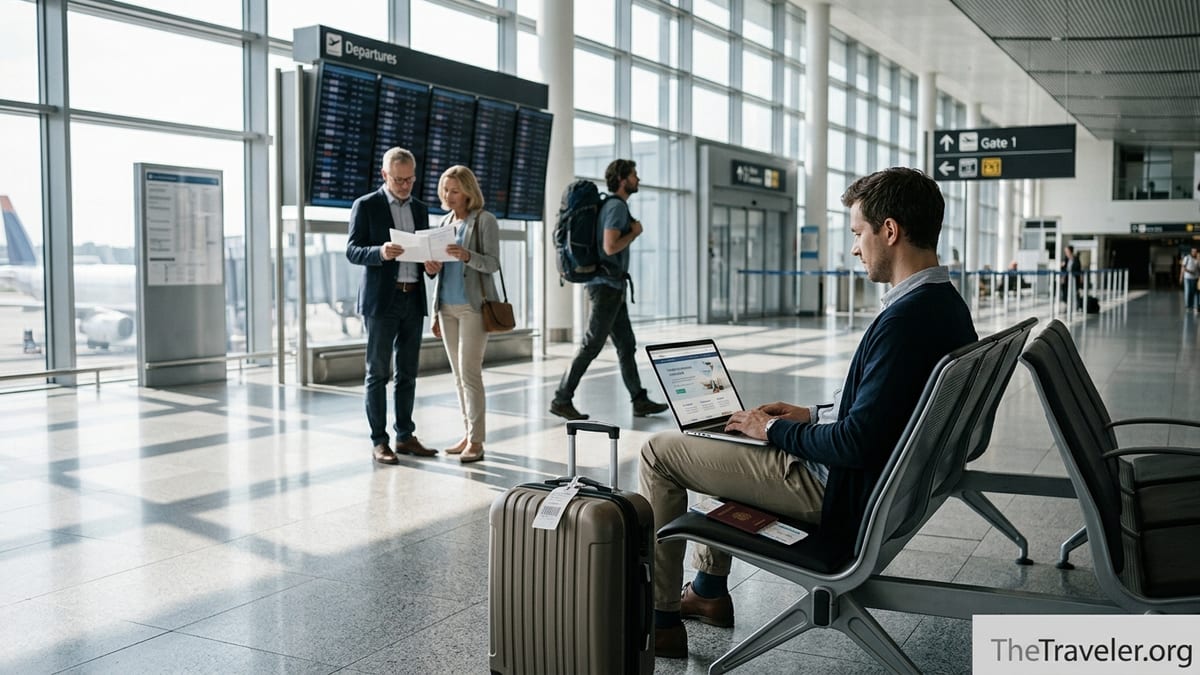 Traveler comparing travel insurance plans on a laptop in a busy airport departure hall.