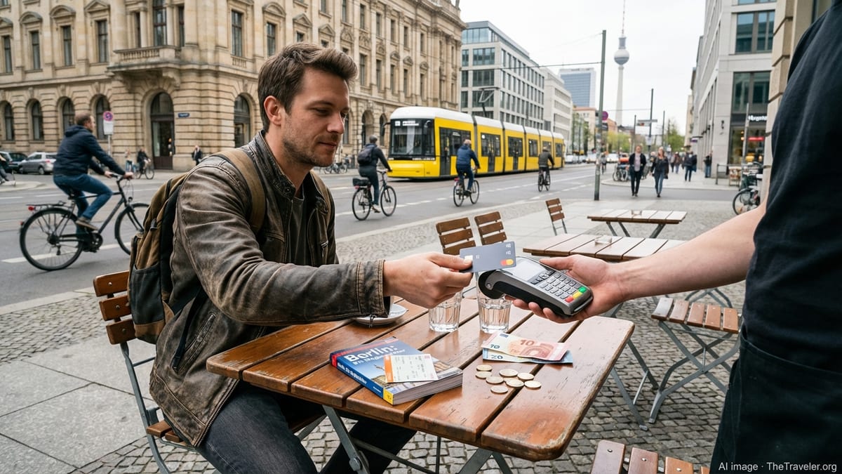 Traveler paying by contactless card at a café table in central Berlin with euros on the table.