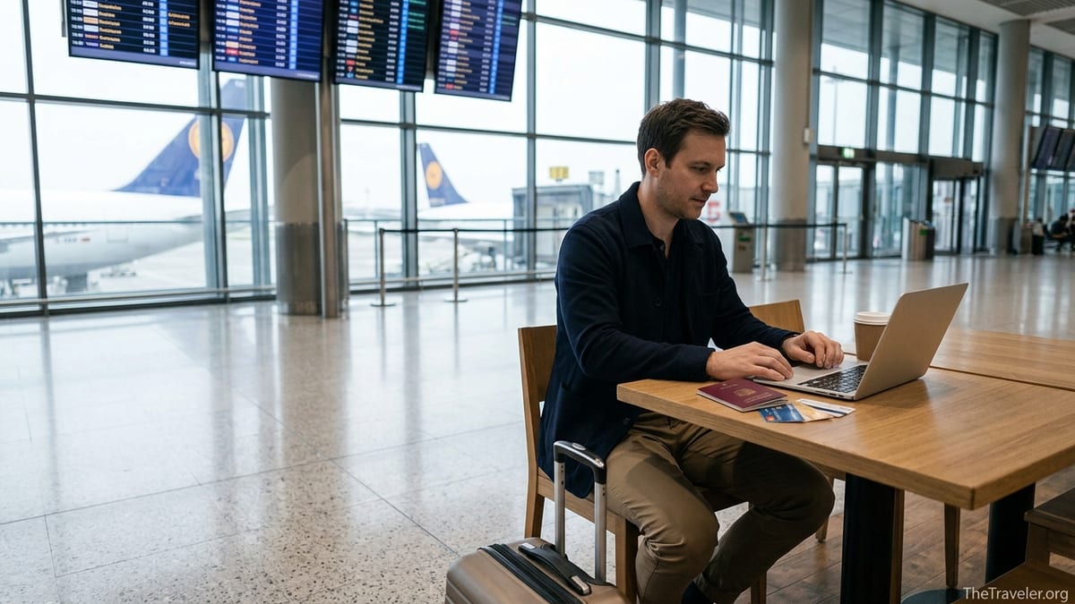 Traveler at airport table comparing travel credit cards with suitcase and runway view.