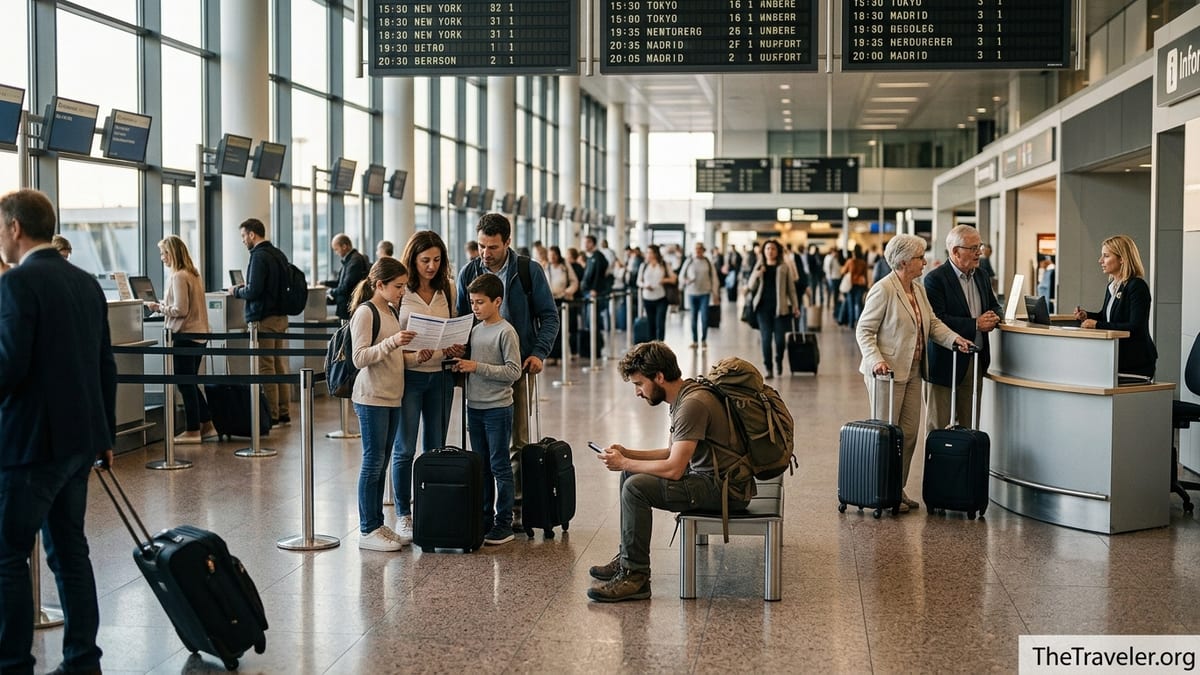 Travelers in a bright European airport hall reviewing travel insurance documents before an international trip.
