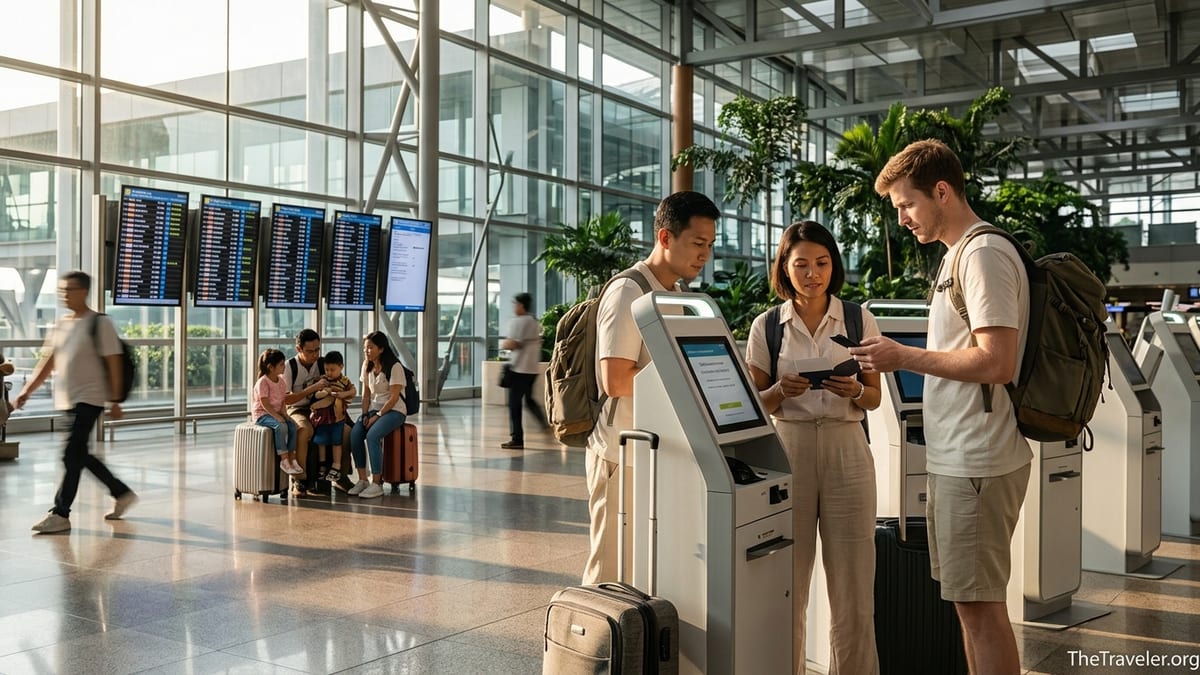 Travelers checking insurance details at an airport kiosk before an international flight.