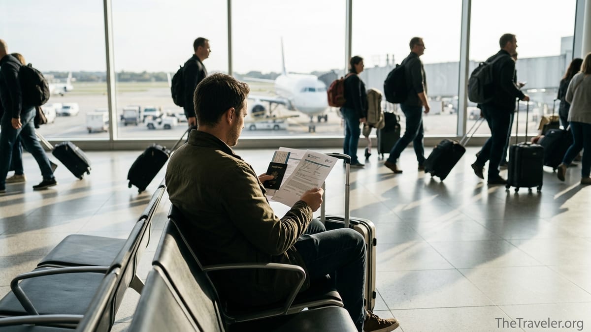 Traveler in an airport terminal comparing printed travel insurance documents before a flight.