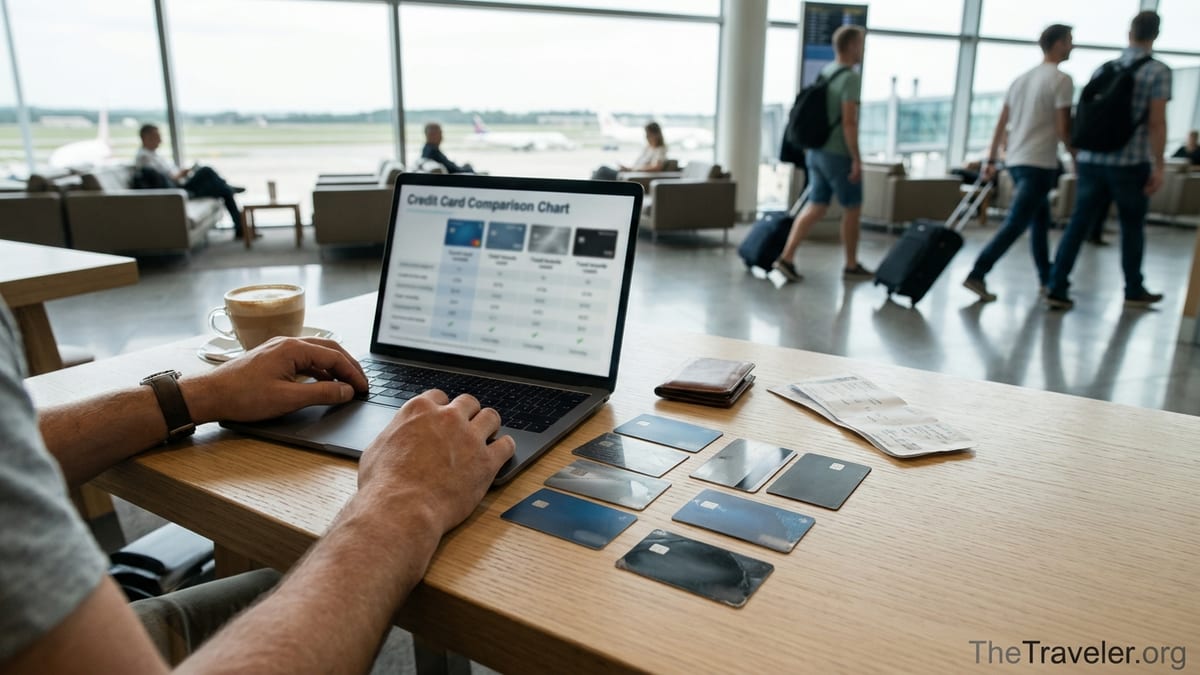 Traveler comparing several travel rewards credit cards at an airport lounge table.
