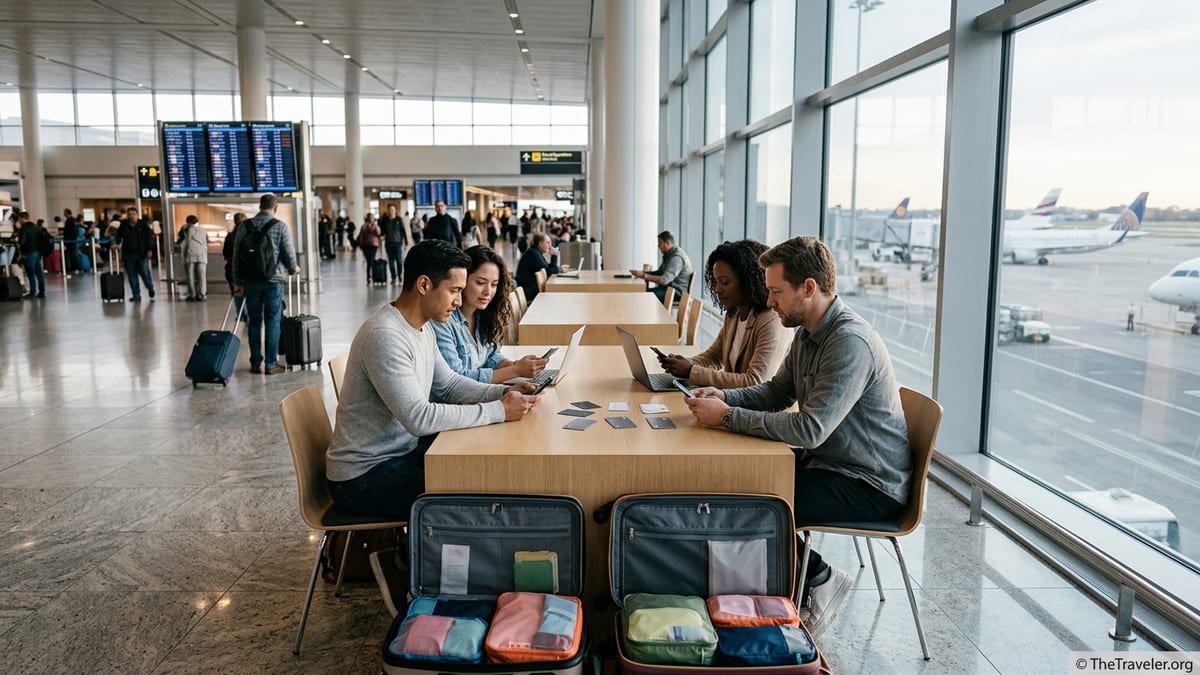 Travelers in an airport lounge comparing travel rewards credit cards before a flight.