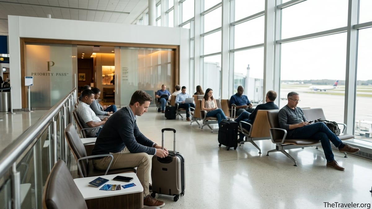 Traveler in an airport lounge comparing travel credit cards before a flight.