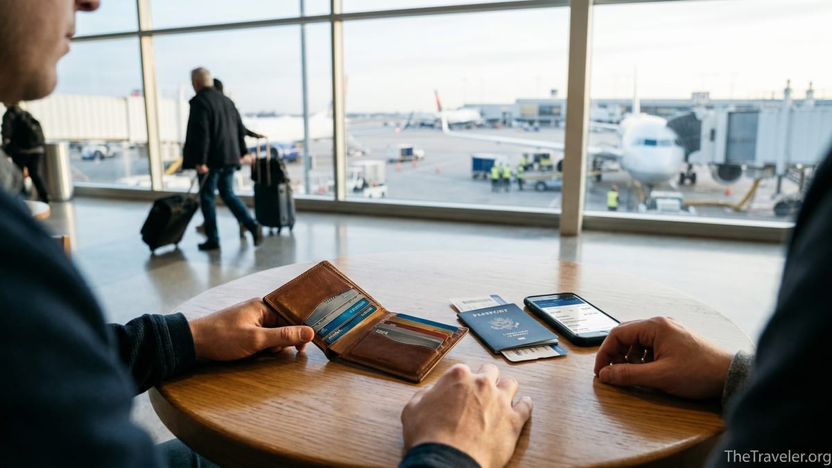 Traveler comparing several travel rewards credit cards at an airport cafe table.