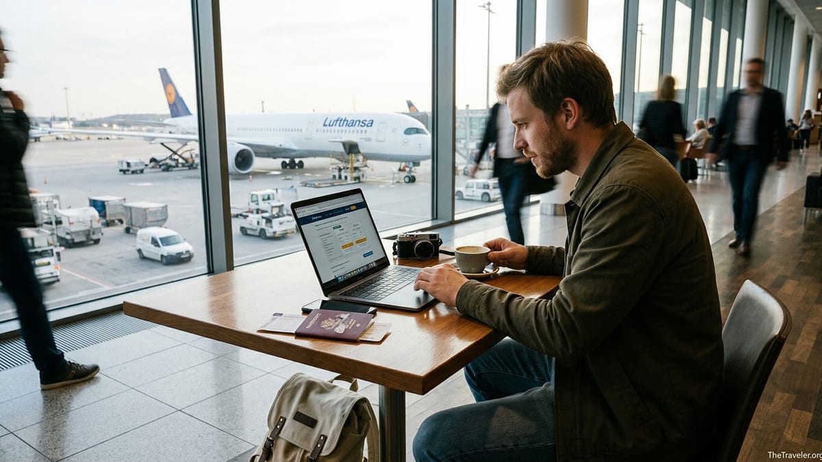 Traveler comparing travel insurance plans on a laptop in an airport lounge.