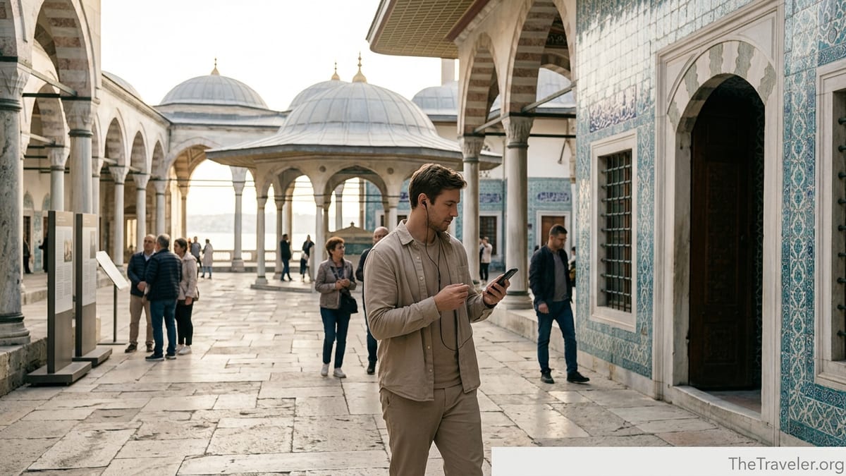 Traveler using a smartphone audio guide in a courtyard of Topkapı Palace in Istanbul.