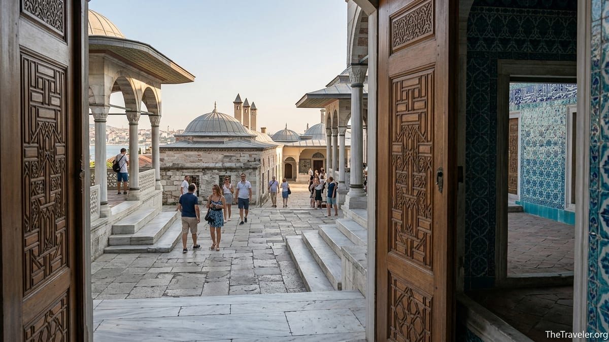 Visitors walking through Topkapı Palace courtyard toward the Harem with tiled Ottoman interiors in late afternoon light.