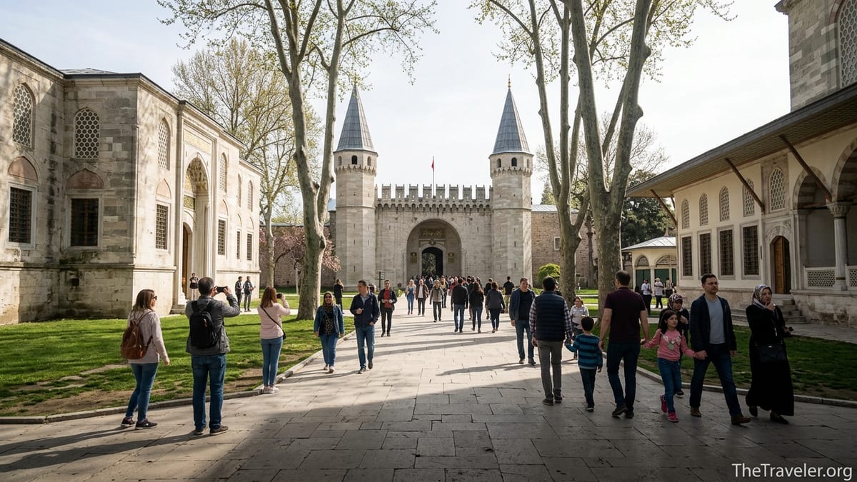 Visitors walking through the first courtyard toward Topkapı Palace gates in Istanbul on a clear spring morning.