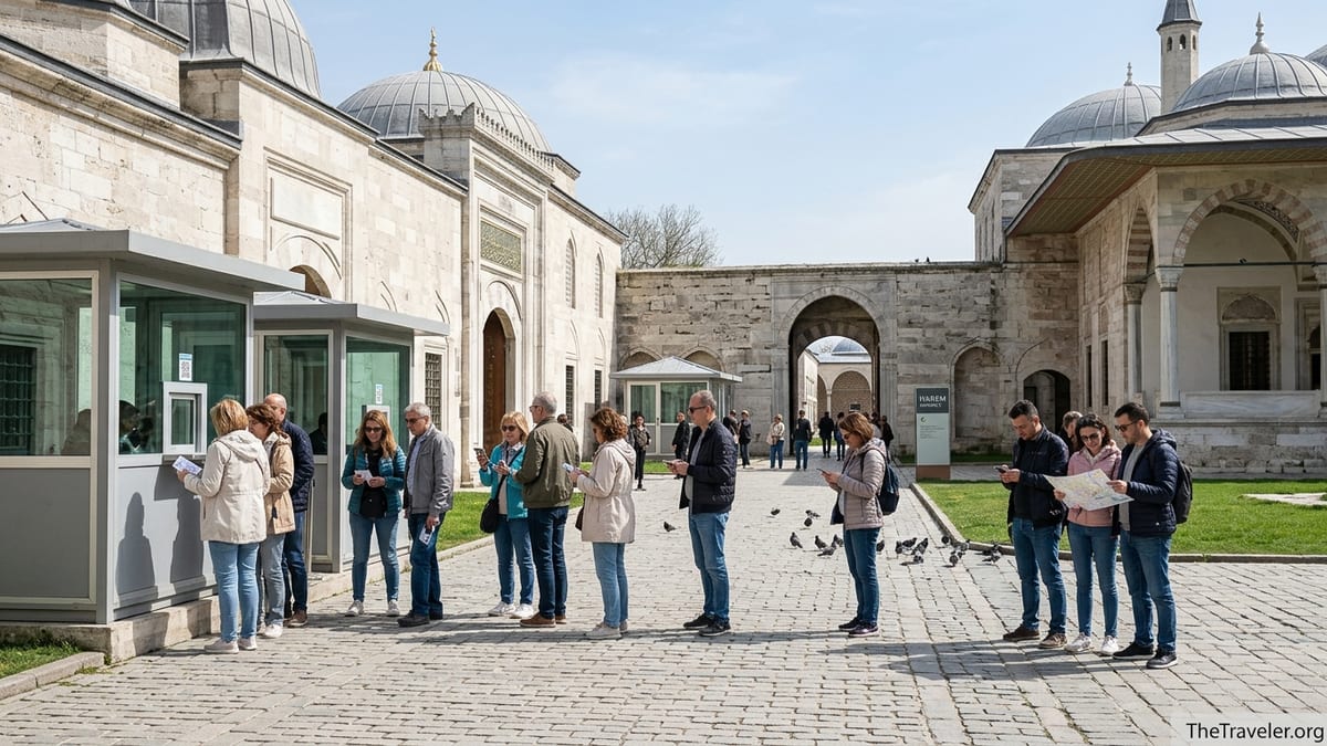 Visitors queue with tickets in the courtyard of Topkapı Palace near the Harem entrance in Istanbul.