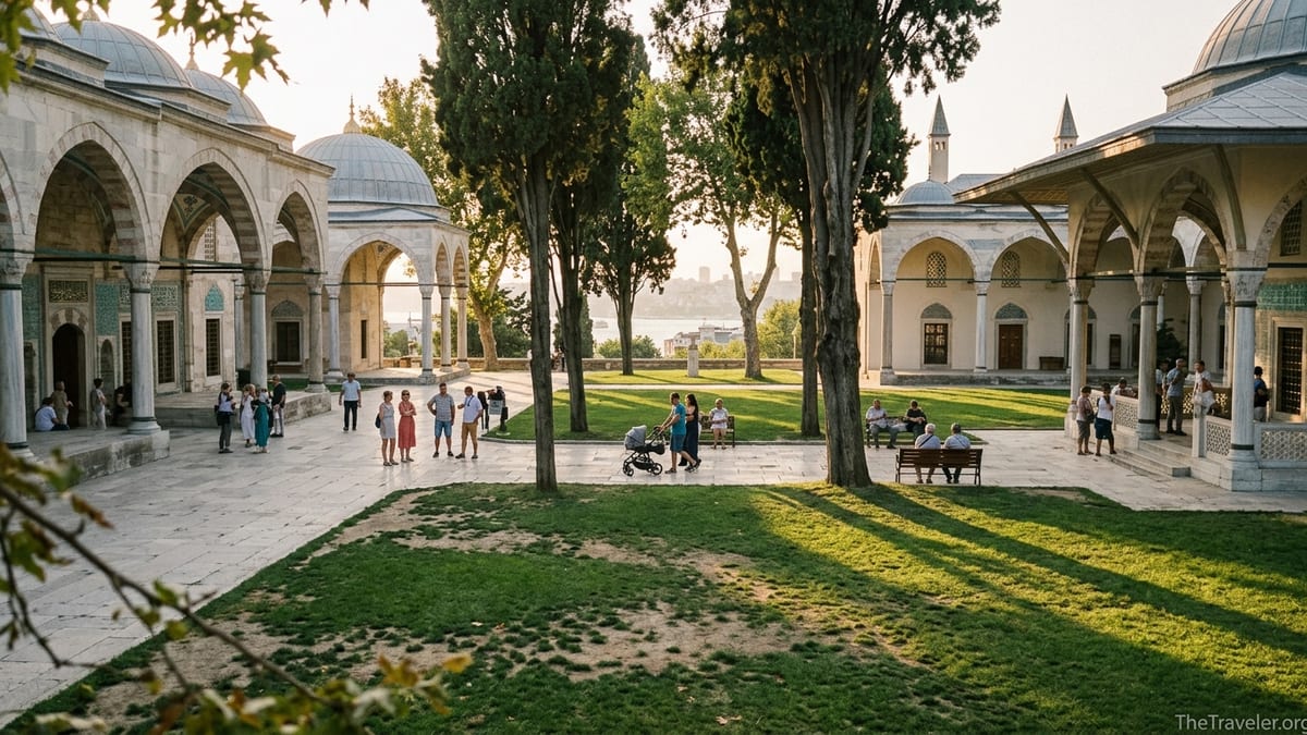 Visitors walking through a sunlit courtyard of Topkapı Palace with trees and domed pavilions.