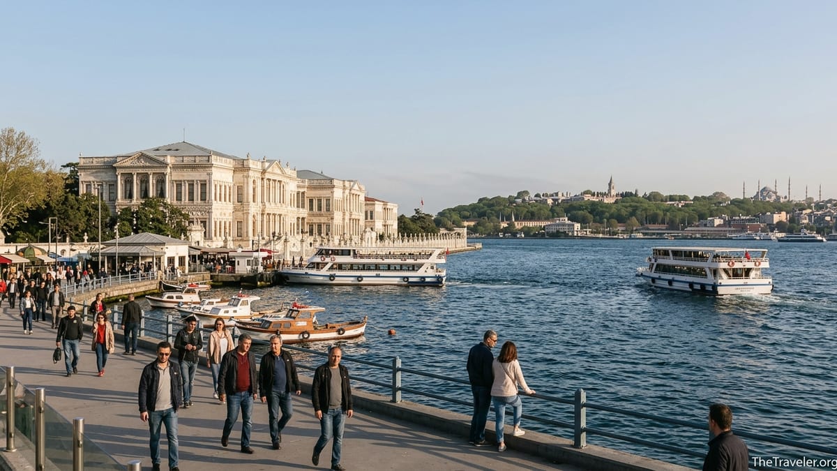 View of Dolmabahçe Palace on the Bosphorus with distant Topkapı hill in Istanbul at sunset.