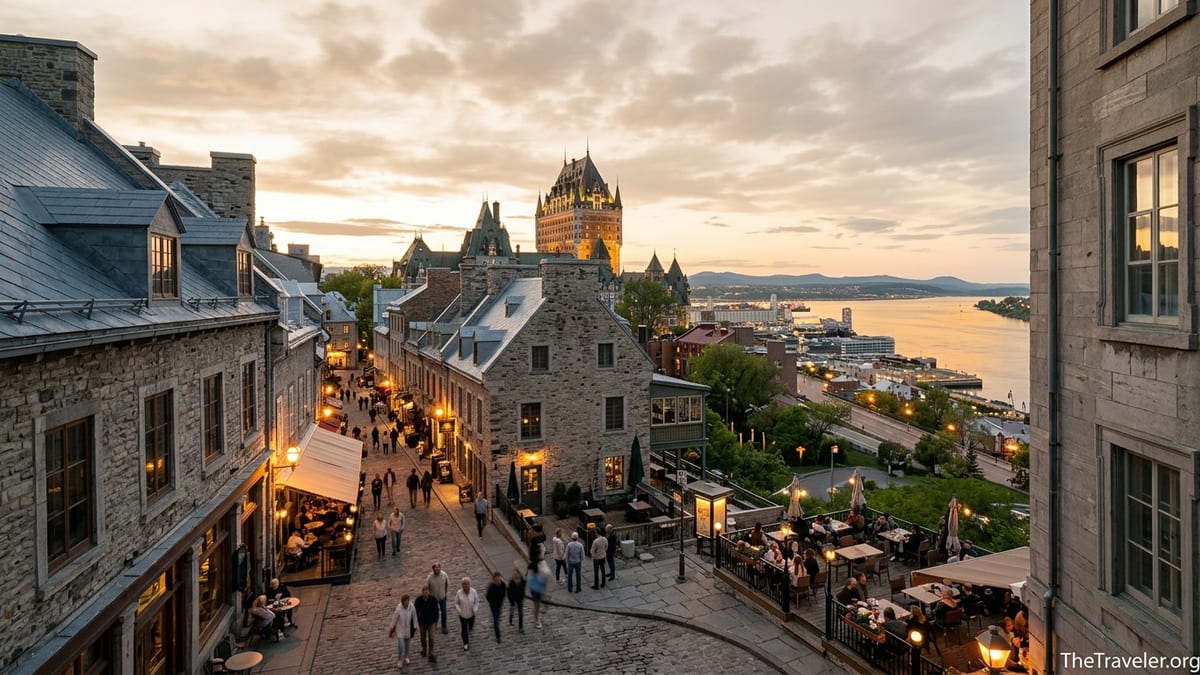 Aerial evening view of Quebec City Old Town with Château Frontenac and the St. Lawrence River.