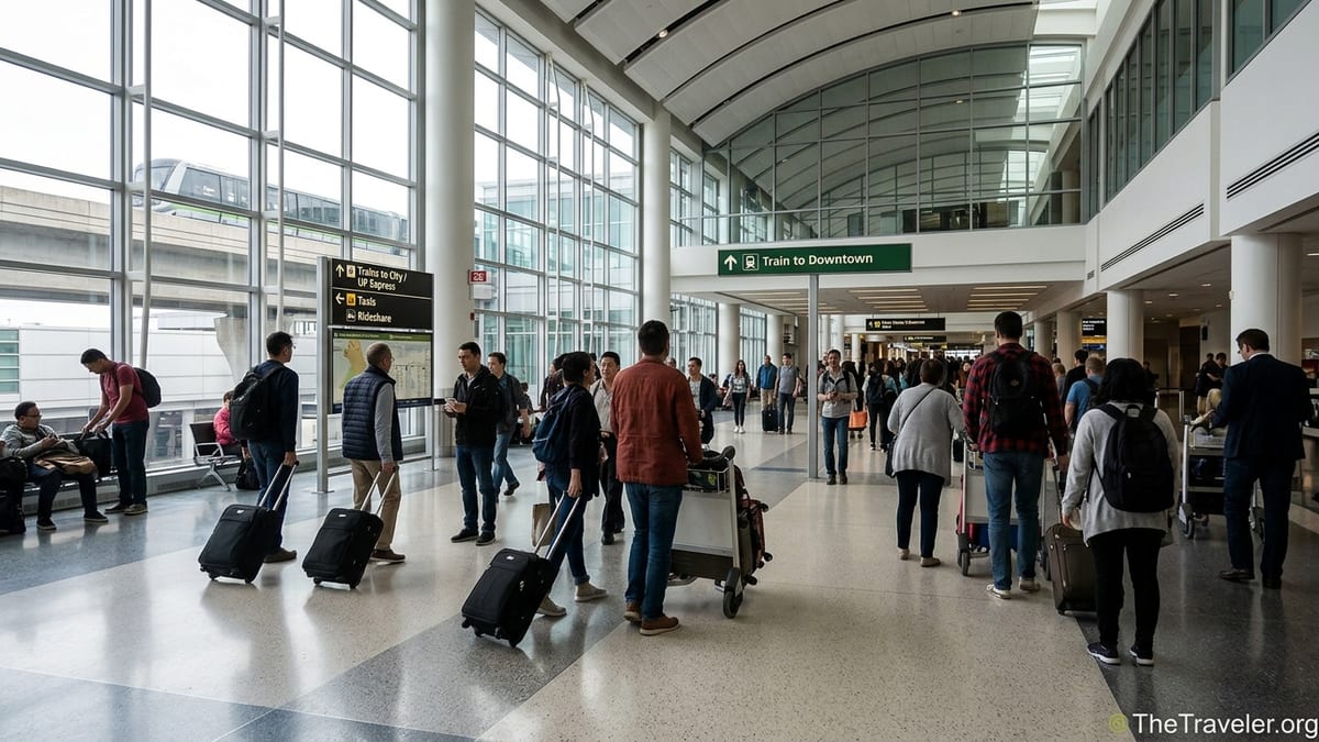 Travelers in Toronto Pearson Terminal 1 following signs to UP Express, taxis and rideshares.