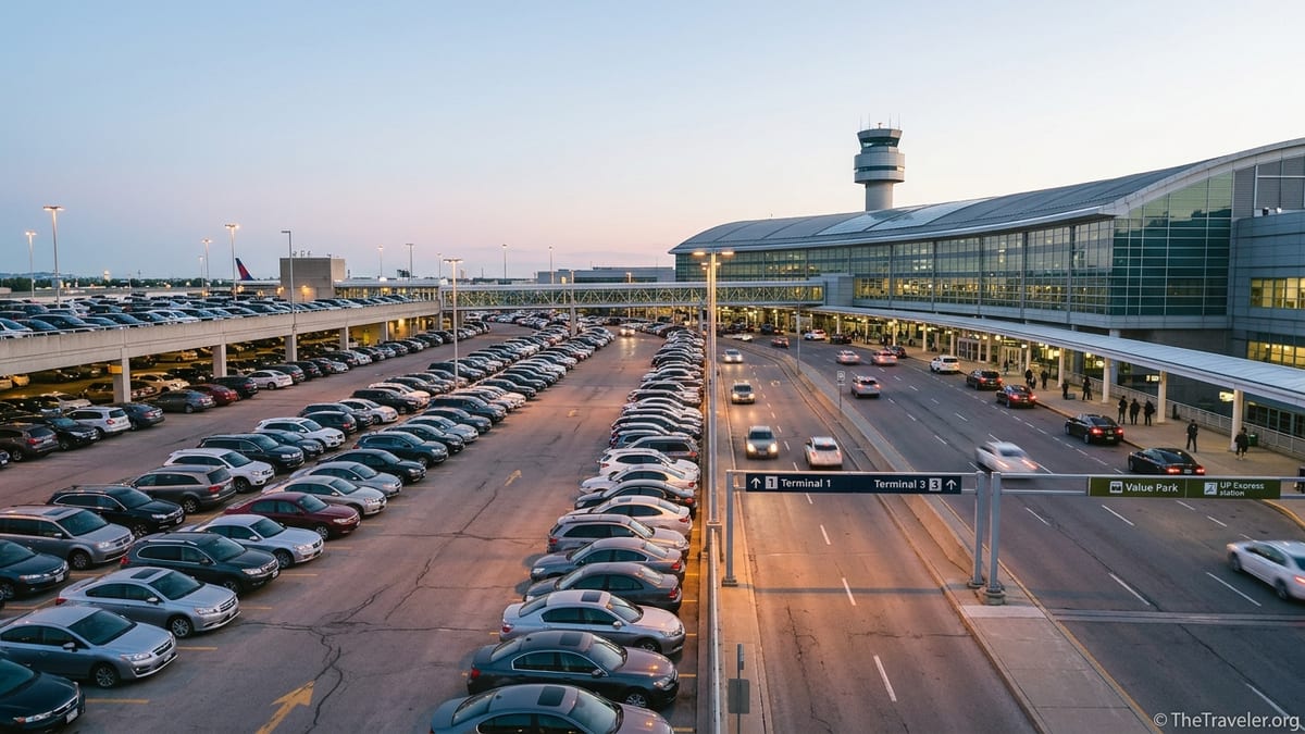Evening view of Toronto Pearson Terminal 1 parking garage with cars and access roads.