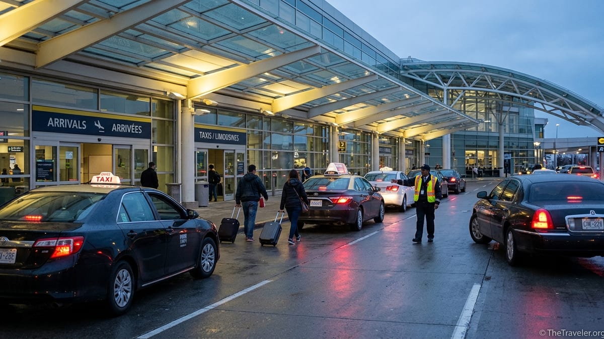 Licensed taxis and limos lined up at Toronto Pearson Terminal 1 arrivals curb at dusk.