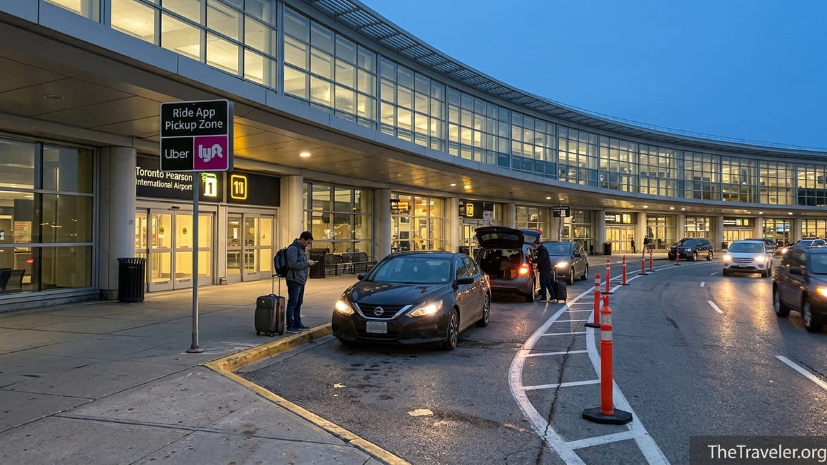 Ride share pickup curb outside Toronto Pearson Terminal 1 with travelers meeting Uber cars at dusk.