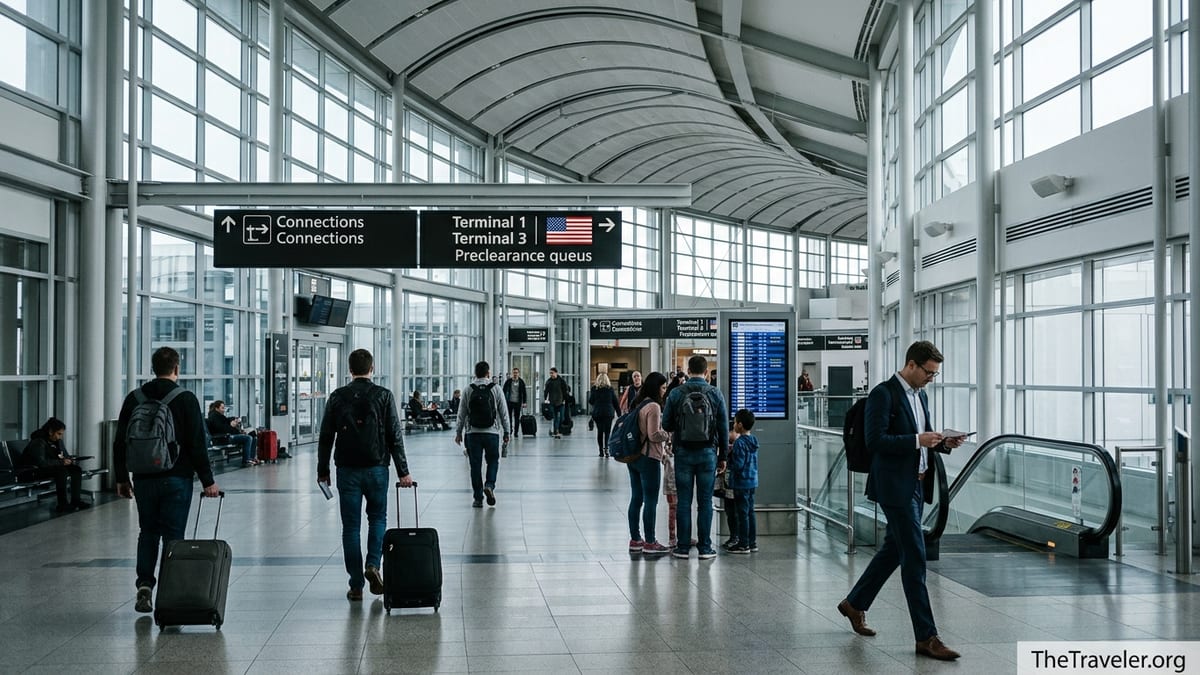 Travelers follow connection signs between terminals inside Toronto Pearson Airport concourse.