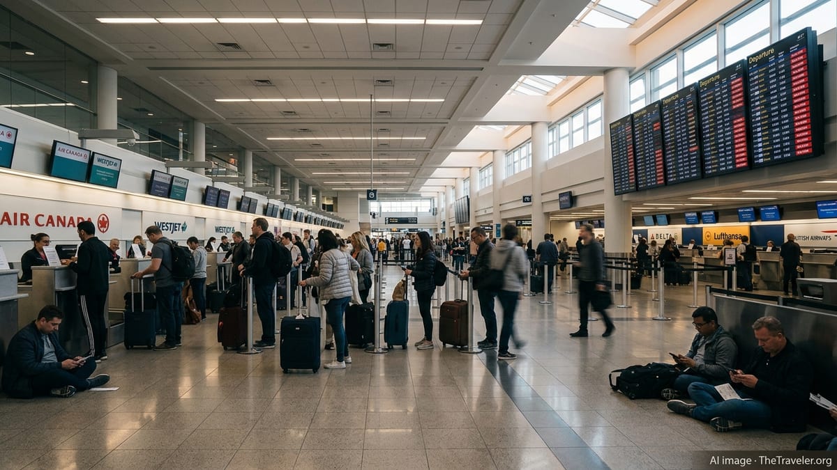 Crowded departure hall at Toronto Pearson with long lines and delayed flights on screens.