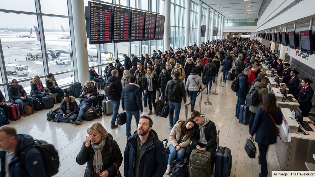 Crowded Toronto Pearson terminal with passengers waiting under boards showing cancelled and delayed flights.
