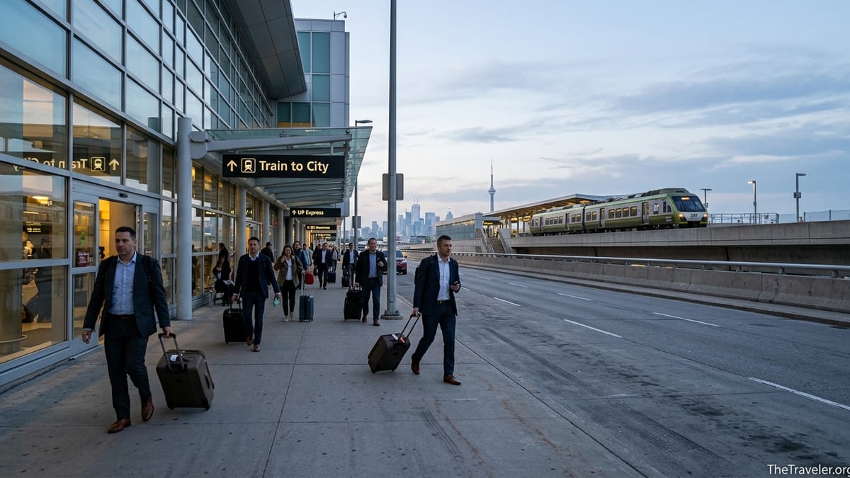 Travelers outside Toronto Pearson Airport walking toward the UP Express train to downtown Toronto at dusk.