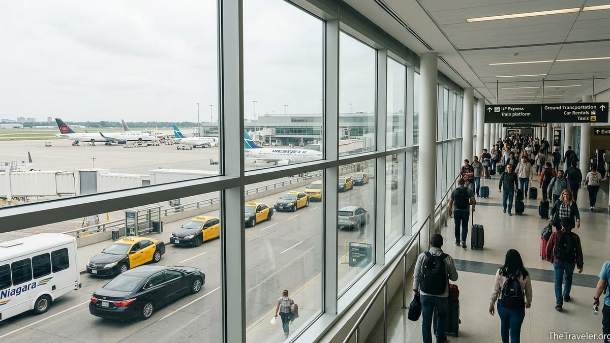 Travelers at Toronto Pearson Airport choosing transport options toward Niagara Falls.