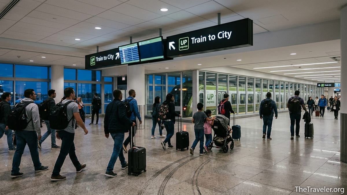 Travelers at Toronto Pearson Airport following signs to the UP Express train to downtown Toronto.