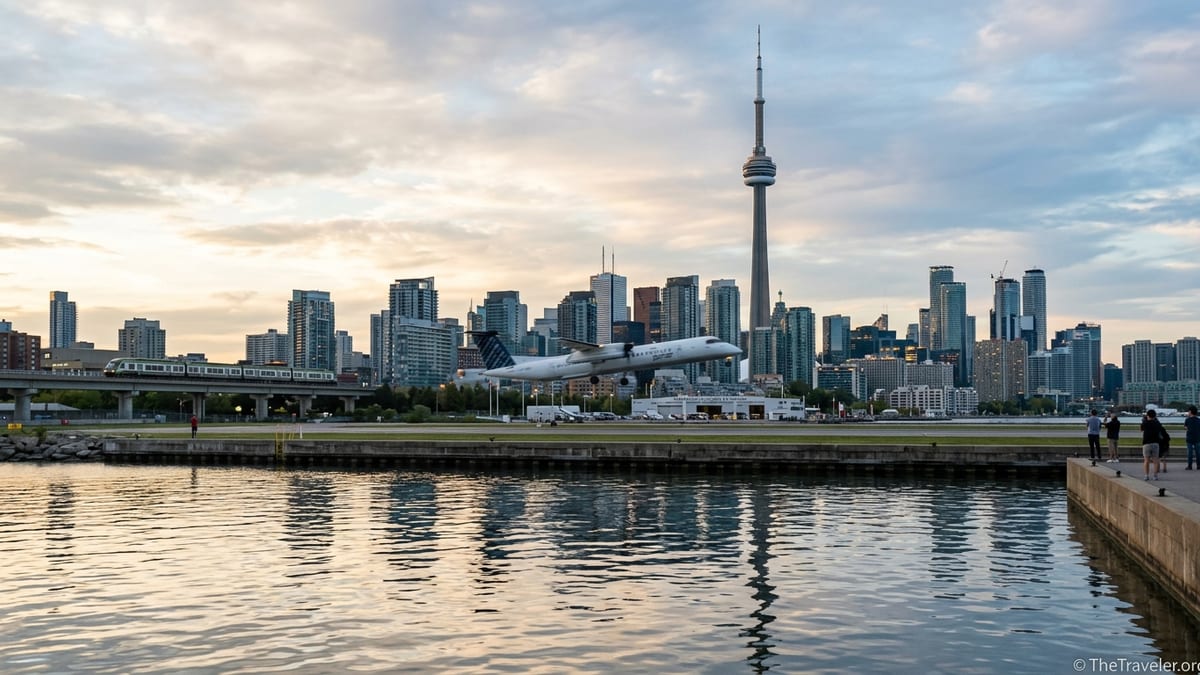 View of Billy Bishop Airport and Toronto skyline with UP Express in foreground
