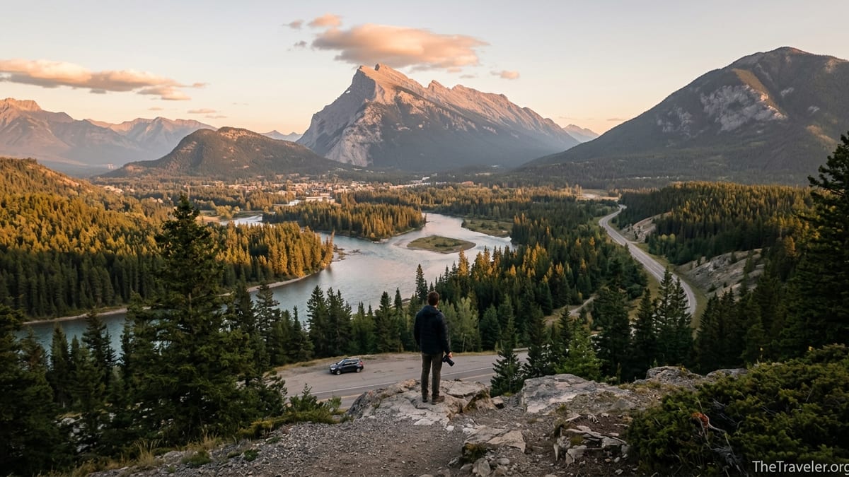 Traveler overlooking Banff town and Bow Valley with Mount Rundle at golden hour.
