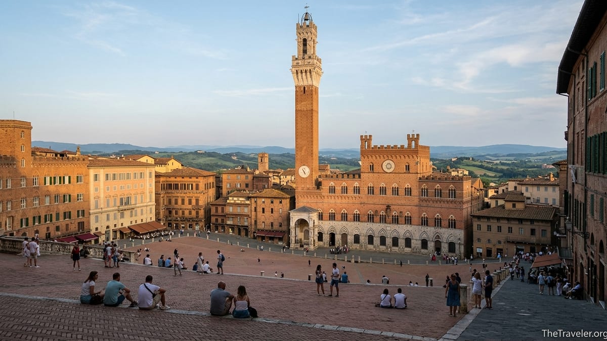 View of Siena’s Torre del Mangia above Piazza del Campo on a sunny afternoon