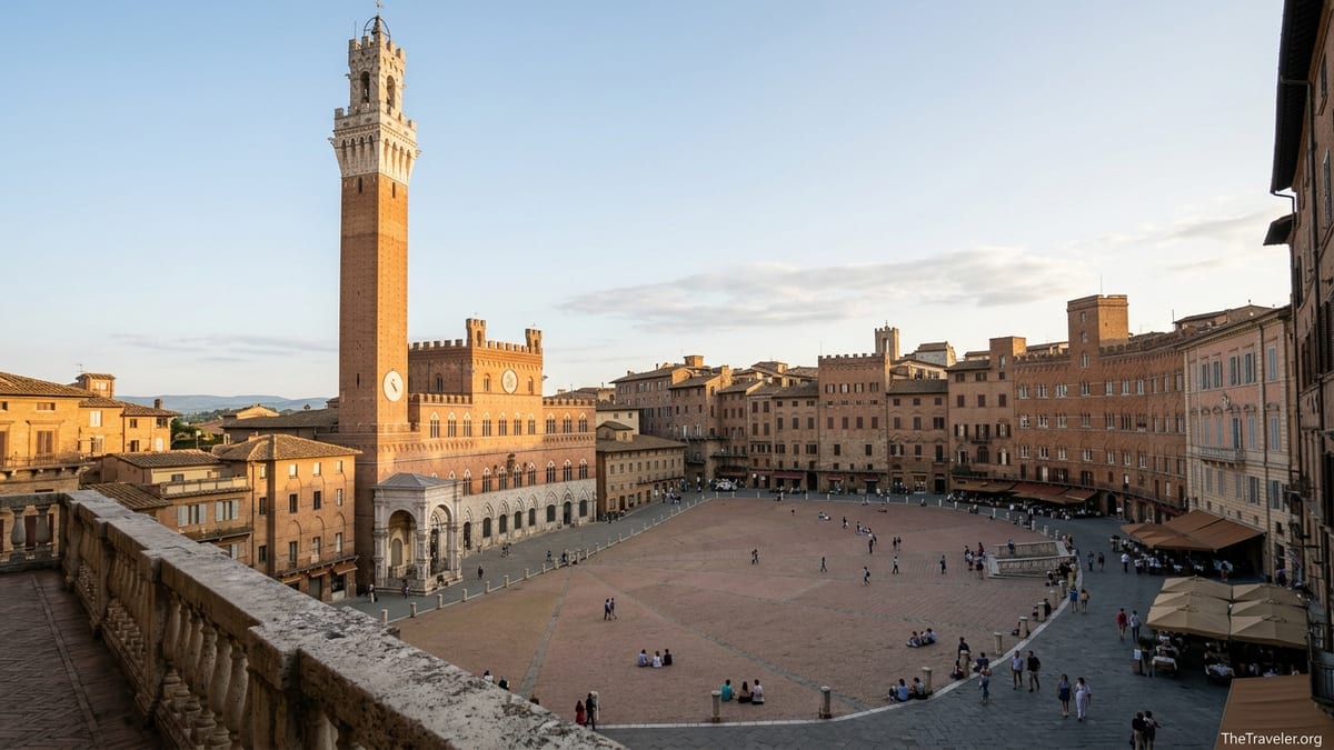 Torre del Mangia overlooking Siena’s Piazza del Campo on a sunny afternoon