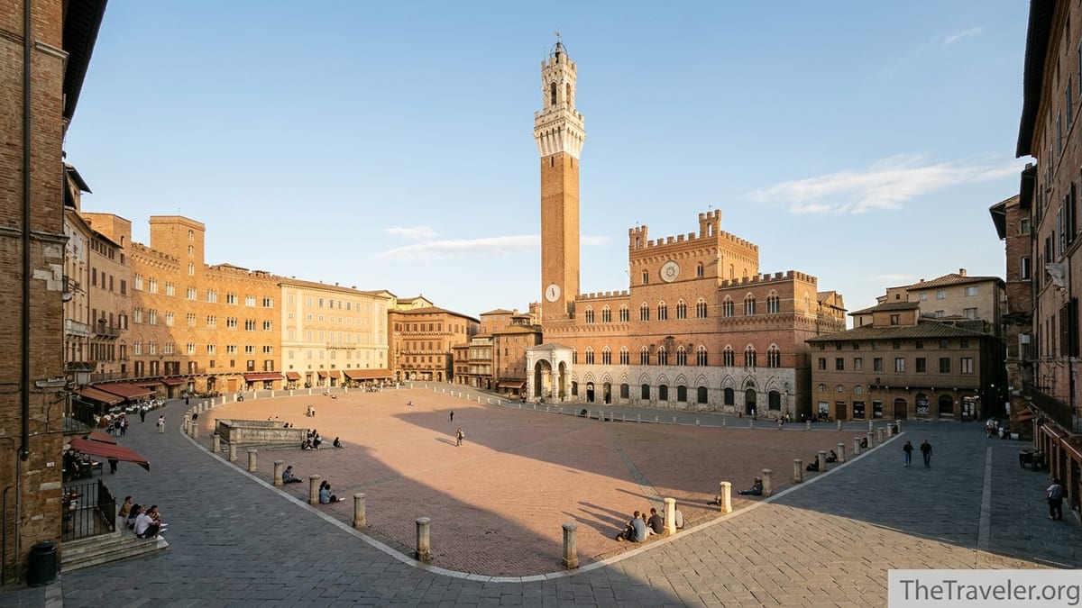 Torre del Mangia above Piazza del Campo in Siena on a sunny afternoon