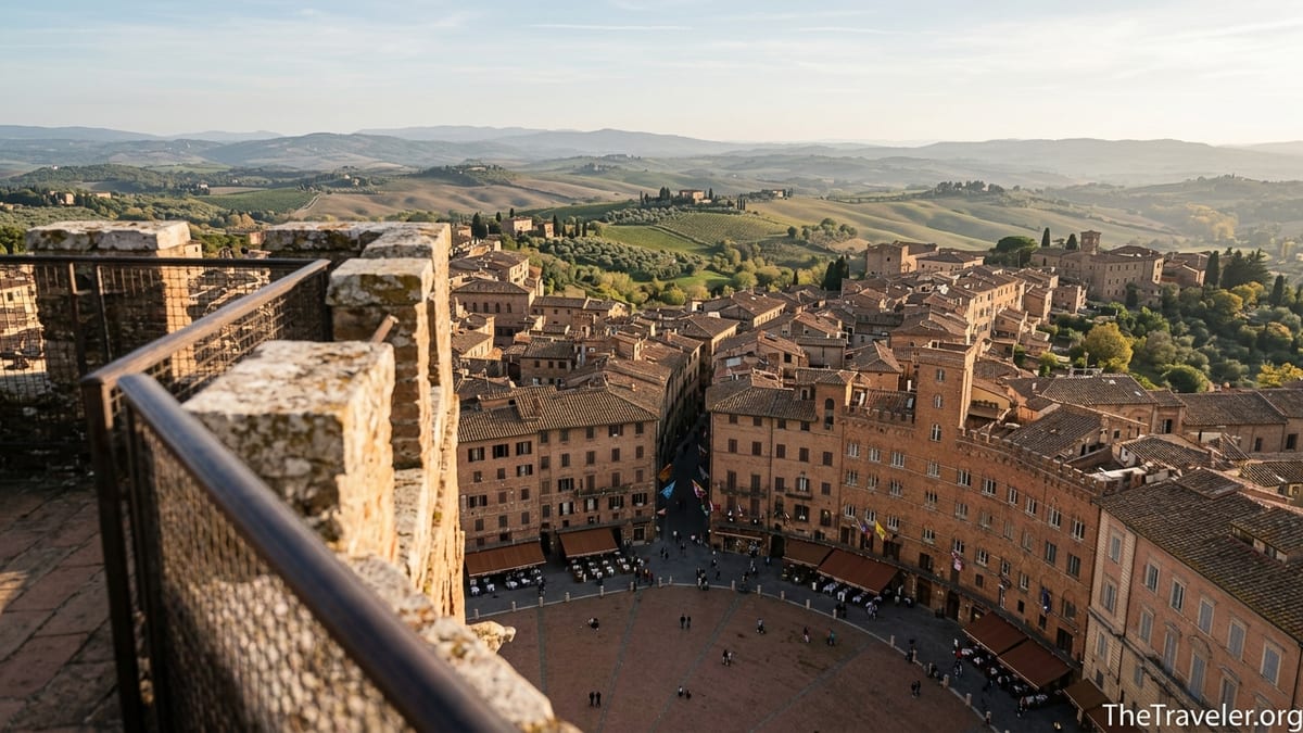 View from Torre del Mangia over Piazza del Campo and the Tuscan hills in late afternoon light.