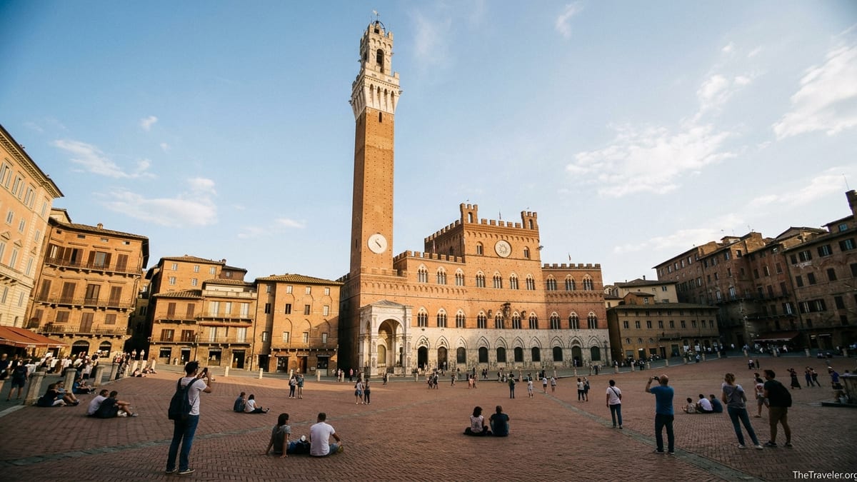 View of Torre del Mangia rising above Siena’s Piazza del Campo on a sunny afternoon, with people relaxing on the sloping red‑