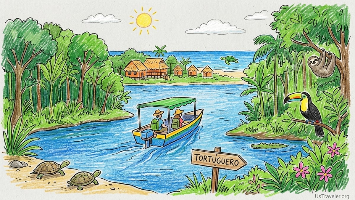 Small boat with travelers on a misty jungle canal in Tortuguero at sunrise.