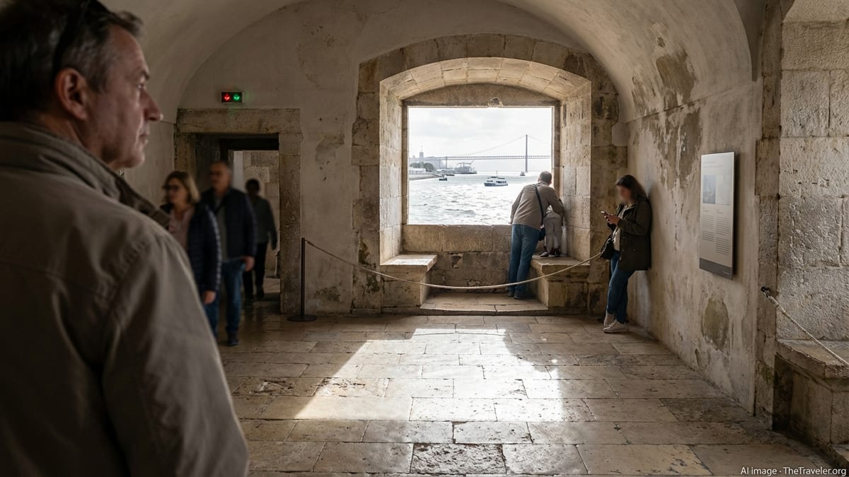 Tourist inside the lower battery level of Belém Tower, Lisbon, looking towards Tagus River.
