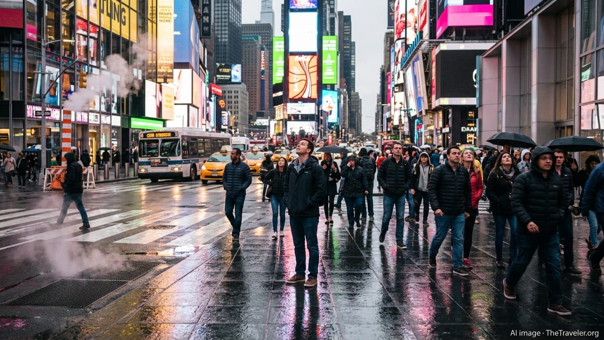Crowds walking through a wet, neon-lit Times Square evening after rain.