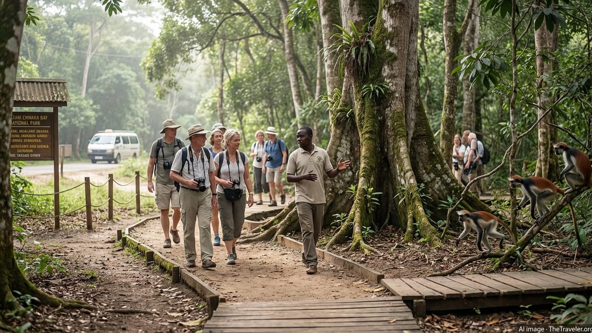 Tourists and guide observing red colobus monkeys in Jozani Chwaka Bay National Park, Zanzibar.