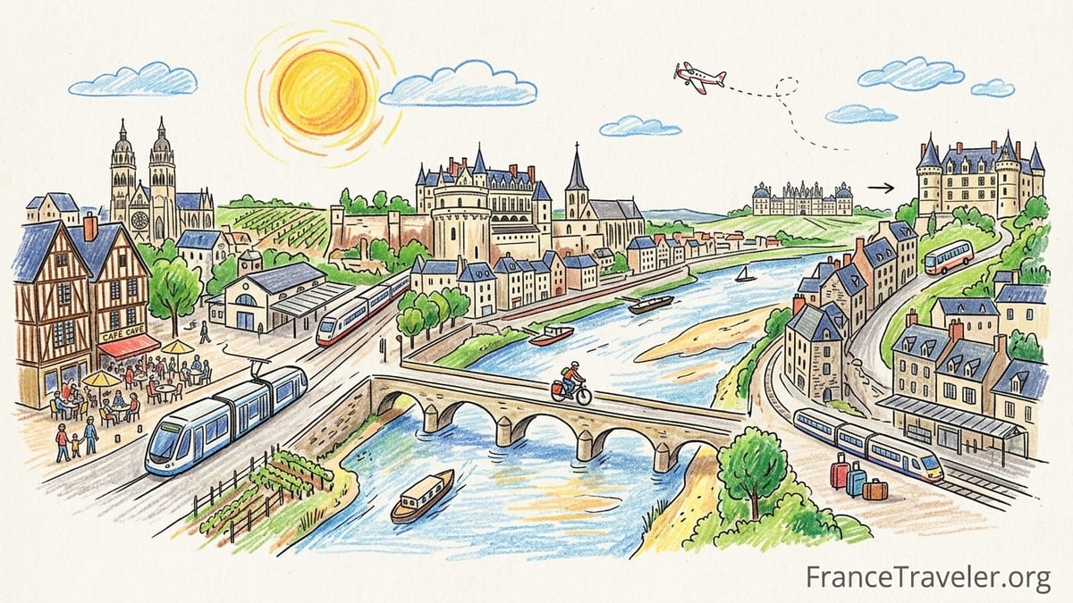 Evening view over the Loire River toward a château town with cyclists and walkers on the riverside path.