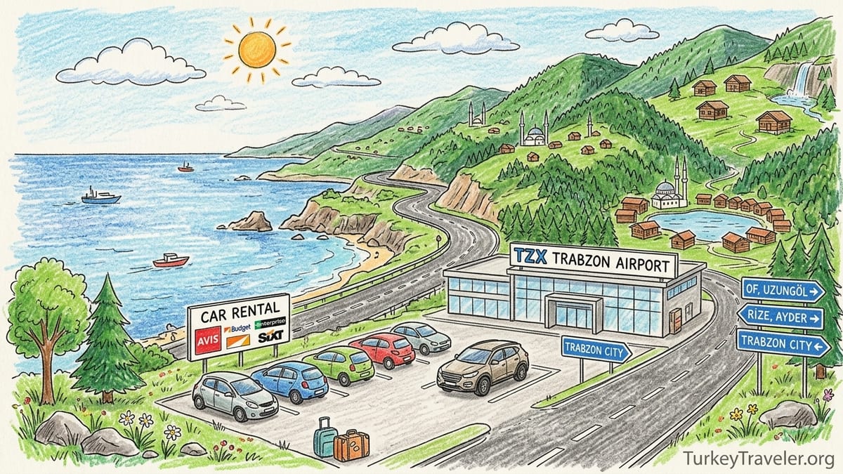Rental cars parked at Trabzon Airport with Black Sea and green mountains in the background.