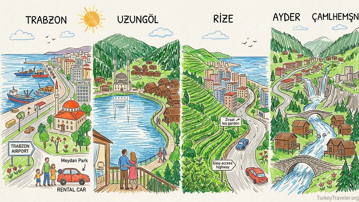 Green Black Sea mountains with tea terraces, villages and distant sea near Trabzon and Rize at sunset.